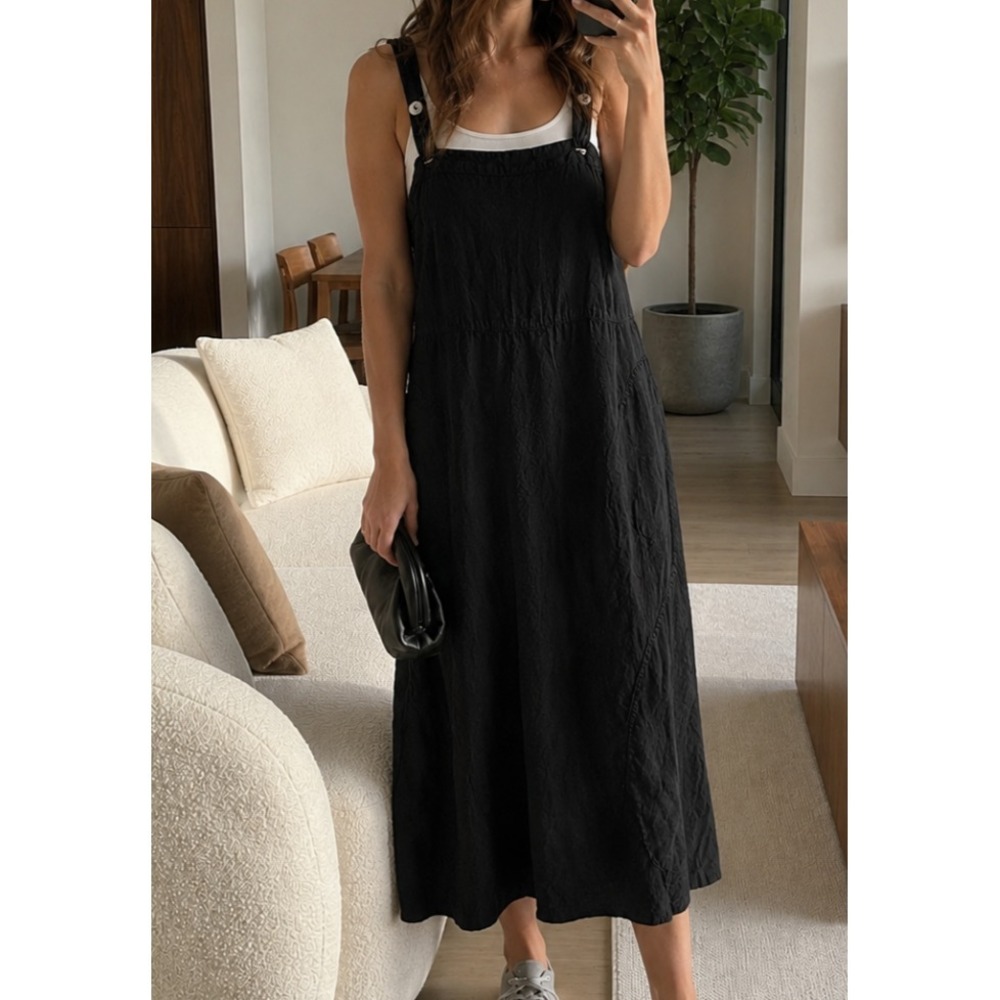 Via Vai 100% Linen Dress S Black Midi Apron USA Made 90s Cottage Beach Lagenlook